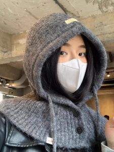 Womens Winter Thickened Woolen Balaclava Hat Scarf Integrated Knitted Cap Windproof Warm Casual Style No Brand round Top