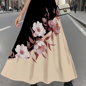 Printed Design Four season floral pattern paired with black rice vacation style skirt