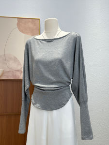 Slim Fit Long Sleeve T-Shirt Womens Spring New Waist Cinched Pleated Base Shirt Unique Irregular Top Korean Style Commute