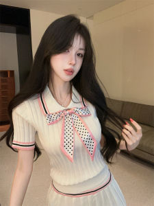 GUZILIAN | Polo Collar Bowtie School Style Knit T-shirt And Pleated Skirt Set
