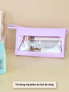 Túi đựng mỹ phẩm túi ly hợp cầm tay chất liệu da PU+PVC trong suốt chống thấm nước logo máy bay Travel TD124