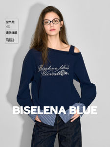 Becsi Design Shoulder-baring Sweatshirt Womens Loose Slimming Splice Grey Top New 2025 Autumn Style Casual Comfortable Cotton Blend