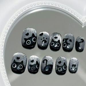 Handmade Wearable Nail Tips Black Cat Design Short Style Brightening Effect Spring Summer Fashionable Artificial Nails Set