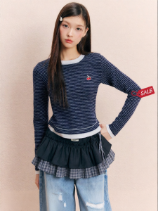 Color-Block Striped Embroidered Fitted Long-Sleeved Knit Sweater