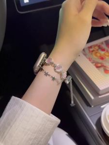 Pink Cats Eye Stone Bracelet Beaded Strap Compatible with Apple Watch Series 9 8 7 6 5 4 3 2 1 Cute Women Handmade Beaded Stra