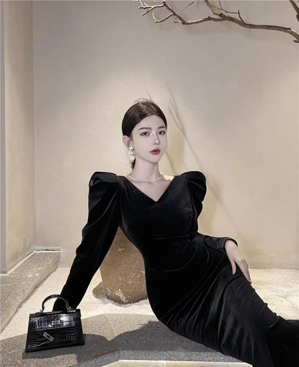 French Style Fancy V-neck Velvet Dress Women's Autumn and