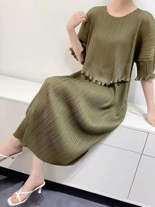 L-975F# One Size (45-75kg) Spring And Summer WomenS Round Neck Loose Plus Size Patchwork Pleated Mid-Length Dress
