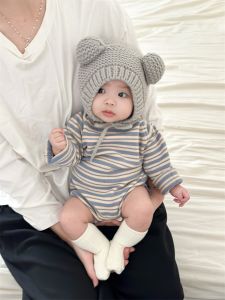 Newborn Autumn Knitted Onesie Baby Simple Stripe Bottom Wrap Boys Full Month Outing Crawling Suit Long Sleeve Dark Button