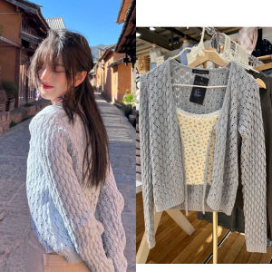 BM Official Website New Wht Lareina Same Style Hollow out Tied Sweater BM Cropped Cardigan Sweater Coat Women