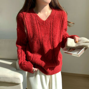 Christmas Red Loose Long Sleeve V-Neck Knitwear Womens Fashion Korean Style Autumn Winter Sweater Versatile Comfortable Twist Design