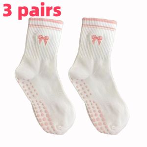 European size 36-43， 3 Pairs Knitted Embroidered Yoga Fitness Pilates Sports Silicone Non slip Bottom Womens Middle Socks