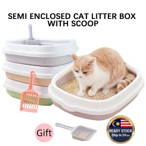 【Ship in 24 hours】Semi Enclosed  Cat Litter Box With Scoop，Prevent splashing， Easy to clean Cat Toilet Large Tray CAT & PET