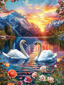 Huacan Full Square Round 5D Diamond Painting Snowy Mountain Sunset Lake Swan Diamond Embroidery Animal New 2026 Art Gift