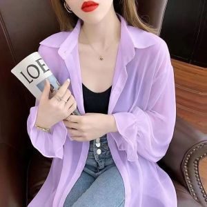2024 Spring/Summer New Arrival Thin Type Sunscreen Shirt Womens Blouse Loose Long Sleeve Chiffon Shirt Purple Cardigan Outwear Tide