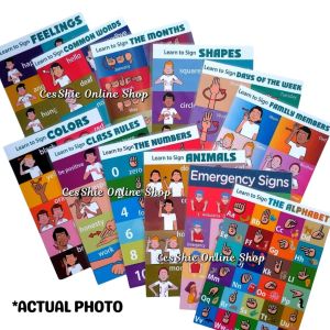 ASL AMERICAN SIGN LANGUAGE CHARTS FOR LEARNERS | A4 SIZE LAMINATED EDUCATIONAL POSTER CHARTS | LEARN TO THE SIGN THE ALPHABET COLORS SHAPES AND COMMONS WORDS