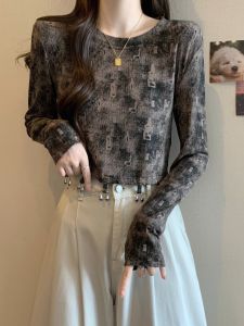 Chic Tie Dye Long Sleeve T Shirt Women plus Size Slim Short Style Inner Wear Base Shirt Top for Autumn Commute Straight Cut