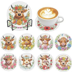 Animal Dog Pattern 8pcs/Set Diamond Painted Coaster Set Acrylic Animal Pattern Coaster (with Bracket) - DIY Diamond Art Craft Ki