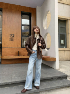 NIHAOKANONG | Quần Jeans Đùi Cao Đen Xanh Nhạt Phong Cách Cổ Điển Ống Rộng Dáng Thẳng
