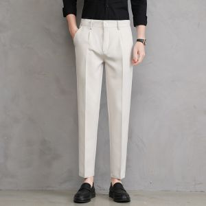 ROMON | Romon Mens Business Casual Loose Straight Leg Pants White Iron-Free Long Trousers Fashionable Polyester And Spandex Blend