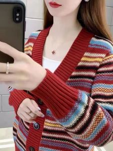 Thickened Long Sleeve Knitted Cardigan Womens Short Outerwear Casual Warm Top V-Neck Wool Blend Commute Style Spring 2024