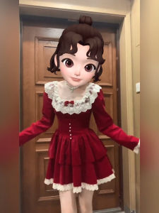 Plus Size French Retro Sweet Red Christmas Velvet Dress Womens Autumn and Winter Pure Want Waist Princess Puff Short Skirt