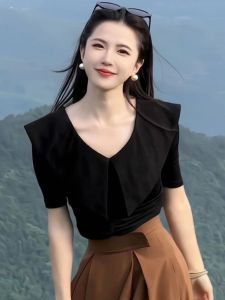 French Style Large Lapel Pleating Short Sleeve T-shirt Female 2024 Summer Stylish Niche Style Doll Collar Easiest for Match Anti-Aging Top