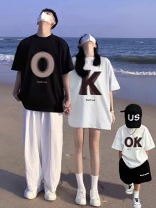 2024 New Couple Matching Pure Cotton Short Sleeve T-Shirt Family of Three Four Mother Daughter Class Uniform Casual Wear