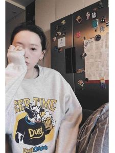 Chic Lazy Style round Neck Sweatshirt Womens Spring Autumn Grey Floral Print Loose Fit Long Sleeve Korean Version Comfortable