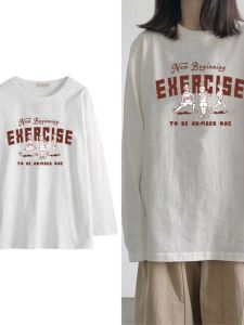 Womens Loose Long Sleeve Cotton T-Shirt Pure White Base Layer Shirt Inner Wear Hong Kong Style Autumn Clothes INS Super Popular