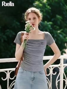 puella | Square Collar Ruffle Slimming T-Shirt