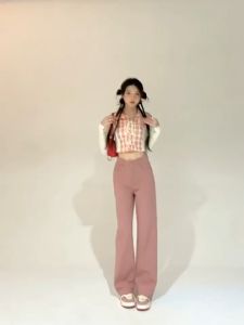 Celana lebar kaki populer baru gaya Korea untuk wanita jeans lurus pinggang tinggi