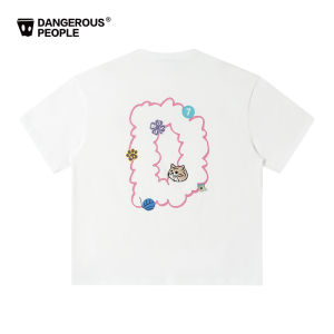 Cartoon Cat 3D Badge Doodle Crewneck Cotton T-Shirt