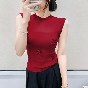 YIMEI 2025 Spring/Summer Round Neck Bead Embroidered Sleeveless T-shirt Womens Fashion Slim fit Woolen Sweater Red Top