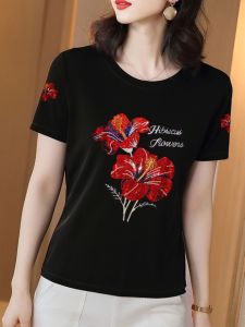 New 2025 Womens Modal Cotton Short Sleeve T-Shirt Dance Top Thin Summer Black Mother Middle-aged Fashion Commute Style round Neck