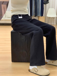 Black Slim Wide Leg Denim Jeans Womens Spring Autumn New Fleece Pear Shape Loose Straight Floor-Length Pants