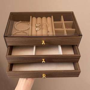 Multi-layer Dustproof Walnut Wooden Jewelry Organizer Box Transparent 3 Layers Drawer for Women Bracelet Brooch Storage Case