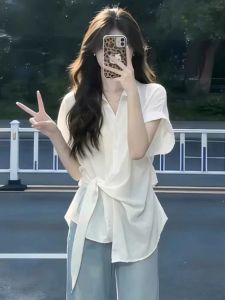 Loowmane | Design Aesthetic Summer Blouse White Waist-cinching Short Sleeve