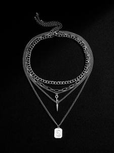 Salircon Punk Multilayer Chains Chunky Necklace Set Goth Spike Rivet Portrait Key Pendant Necklace Women Men Statement Jewelry