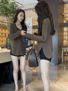 Slim Fit Casual Long Sleeve T-Shirt Womens Thin Transparent Summer Fashion Korean Style round Neck Asymmetric Pattern