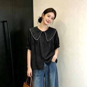 Slimming Peter Pan Collar Short Sleeve Shirt for Curvy Women