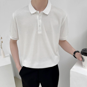 ManStyle-a Korean Striped Texture Short Sleeve Polo Shirt For Men Casual Slim Fit Short Sleeve Top for Daily Wear