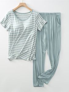 Womens Summer Sleepwear Set with Chest Pad Half Sleeve Striped Loose Fit Large Size Short Sleeve Long Pants Home Sportswear