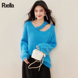 Puella Womens Loose Fit V-Neck Sweater Slimming Design Winter Fashion Korean Style 3D Flower Decoration Long Sleeve Top