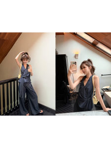 Relaxed Aesthetic Linen V-Neck Sleeveless Blouse and Loose Leg Pants Set