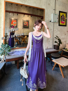 Elegant French Style Gown with Sash Design Summer Holiday Long Dress Adjustable Shoulder Strap Embroidered Fixed Flower Sash Zipper Closure