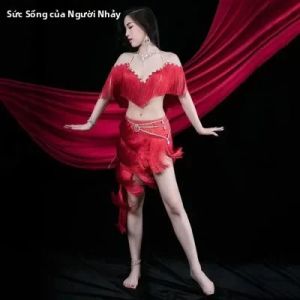 Bộ Trang Phục Biểu Diễn Múa Bụng Cao Cấp Đính Kim Cương Tua Rua Gồm Áo Ngực Dây Lưng Và Váy Dành Cho Nữ Người Lớn Dùng Thi Đấu