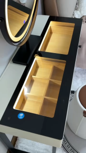 👍Dressing Table Set(FREE DELIVERY&INSTALL) SZT18 Cream Bedroom Dressing Table Glass Tabletop With LED Ambient Lighting