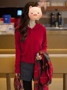 Korean Style Red Hooded Knitted Cardigan Womens Loose Base Layer Sweater Short Top Inner Wear Autumn Winter Fashion