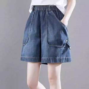WANGGONGZHU | กางเกงขาสั้นยีนส์เอวยางยืดสำหรับผู้หญิงในช่วงฤดูร้อน กางเกงขายาวทรงหลวมสบาย ๆ ผ้าเดนิมบาง กระเป๋าใหญ่ ดีไซน์ใหม่ 2025