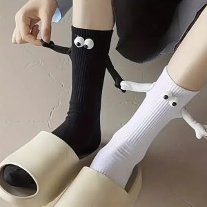 Pure Cotton Socks Cute Cartoon Funny Creative Magnetic Attraction Hands Black White Eyes Sox Couple Mid Tube Socks